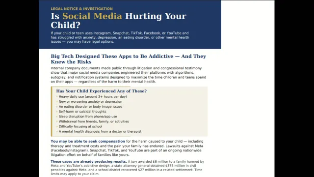 Socia Media Addiction Lawsuit